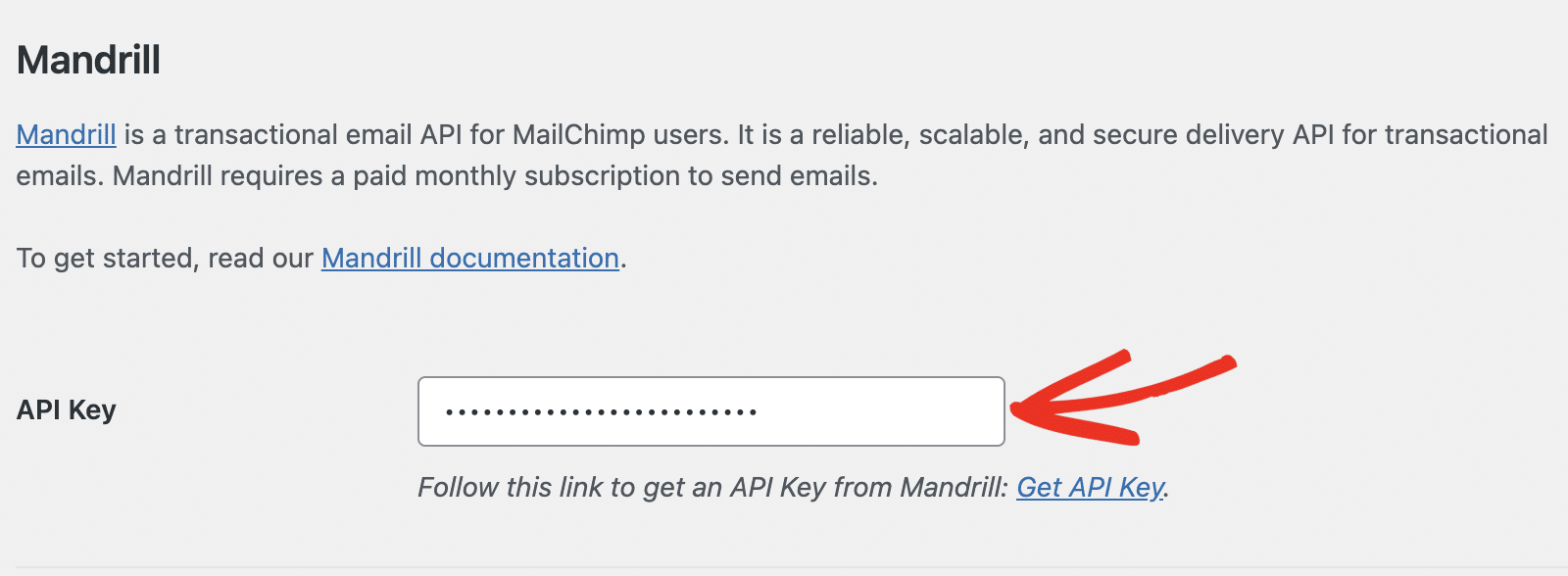Digite a chave da API do Mandrill no WP Mail SMTP