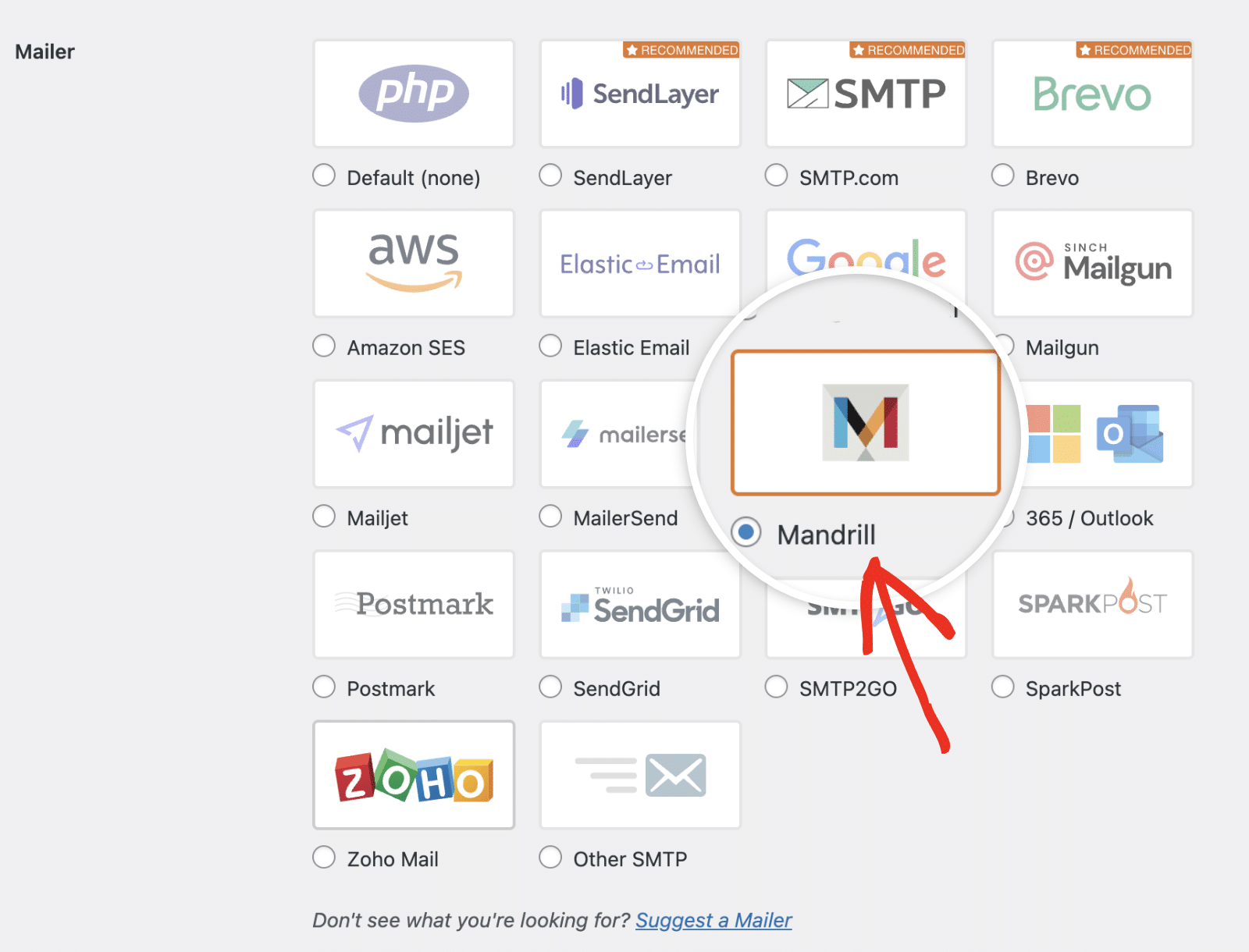 Selecione o correio Mandrill no WP Mail SMTP