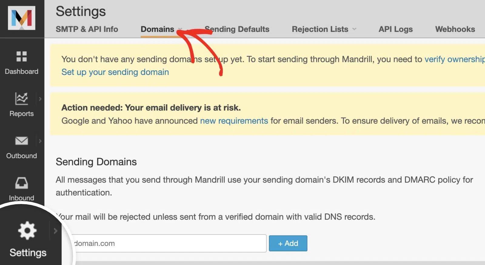 Mandrill Settings Domains tab