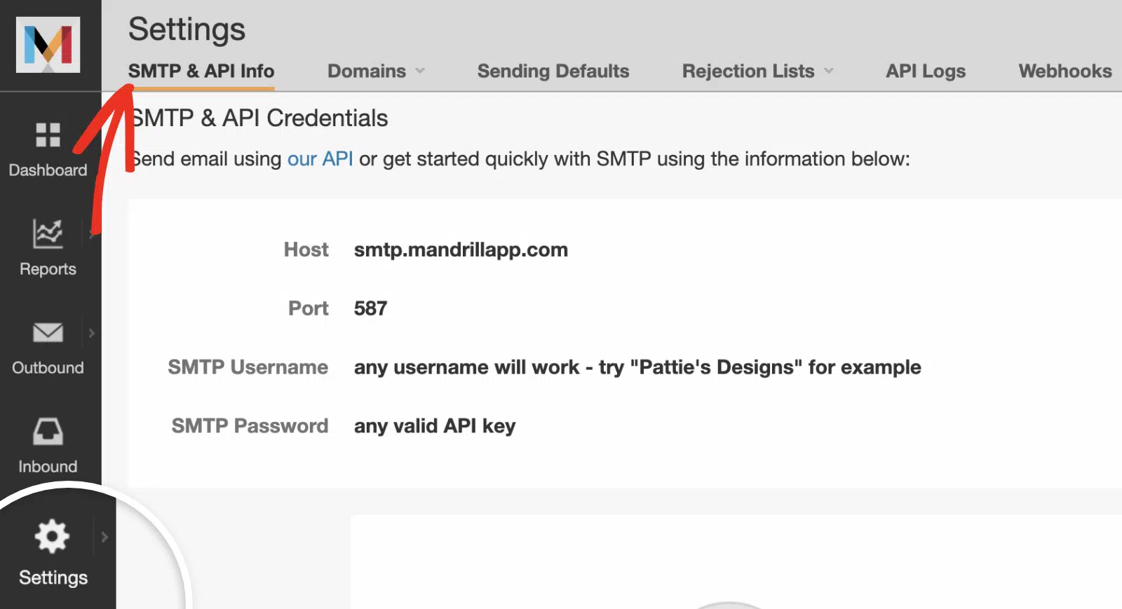 Mandrill SMTP & API Info tab