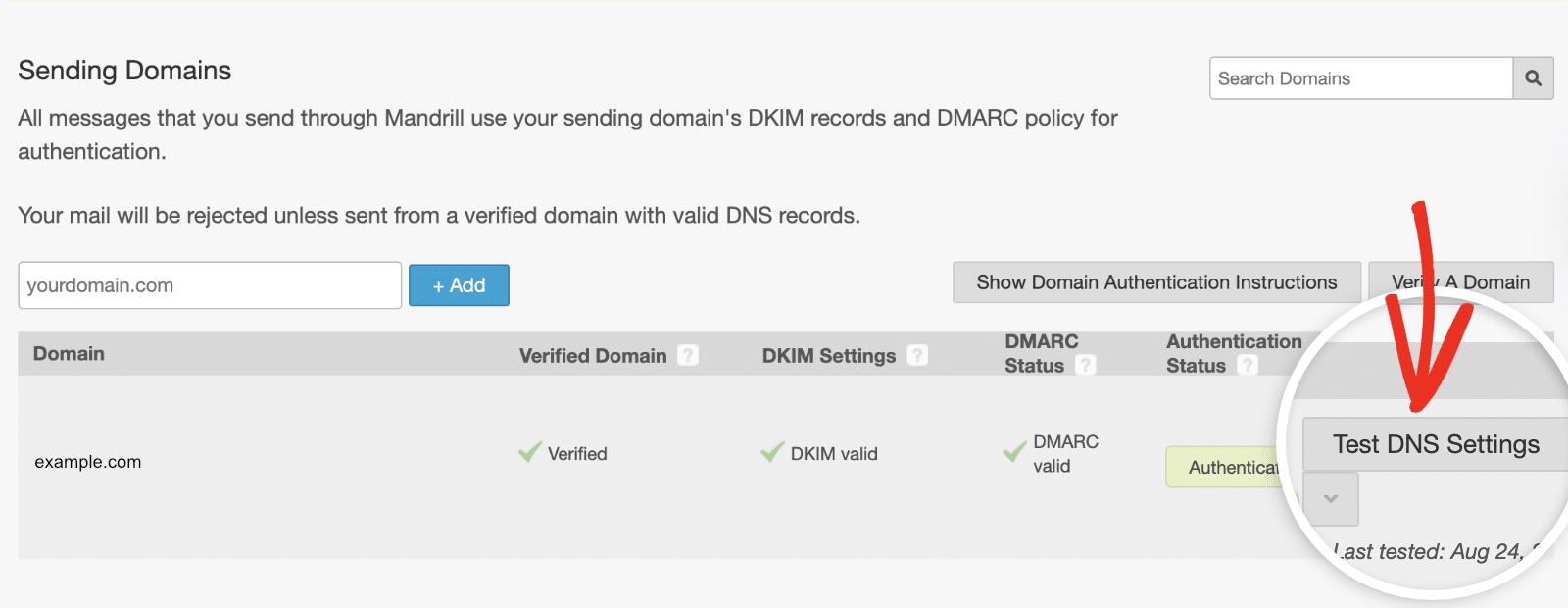 Botão Testar configurações de DNS no Mandrill