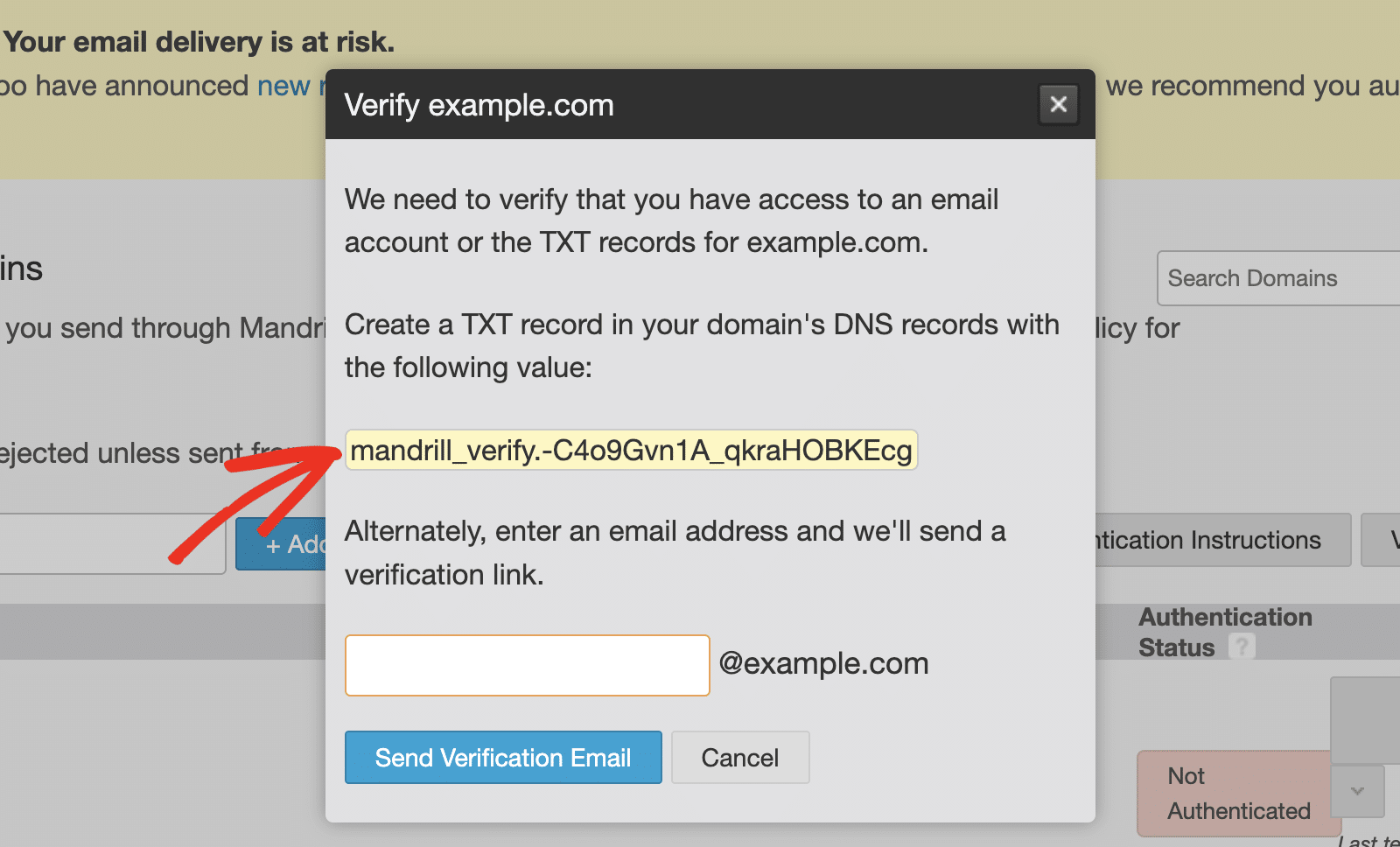 Registro TXT de verificação do domínio Mandrill
