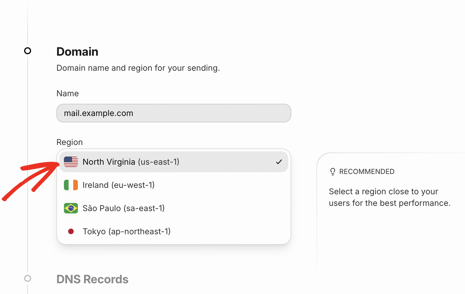 Entrer le nom de domaine et sélectionner la région