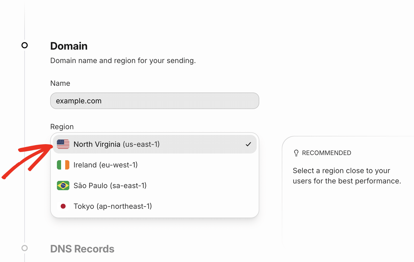 Entrer le nom de domaine et sélectionner la région