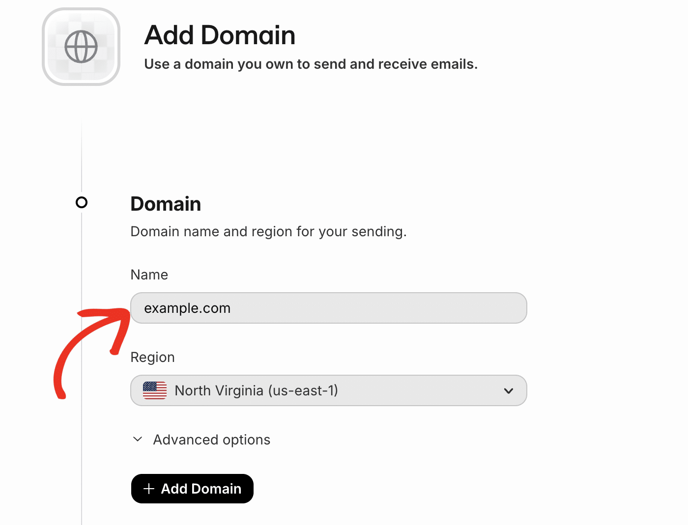 Saisir le nom de domaine