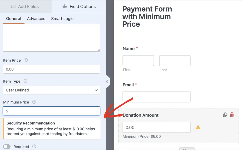 Payment form with minimum price
