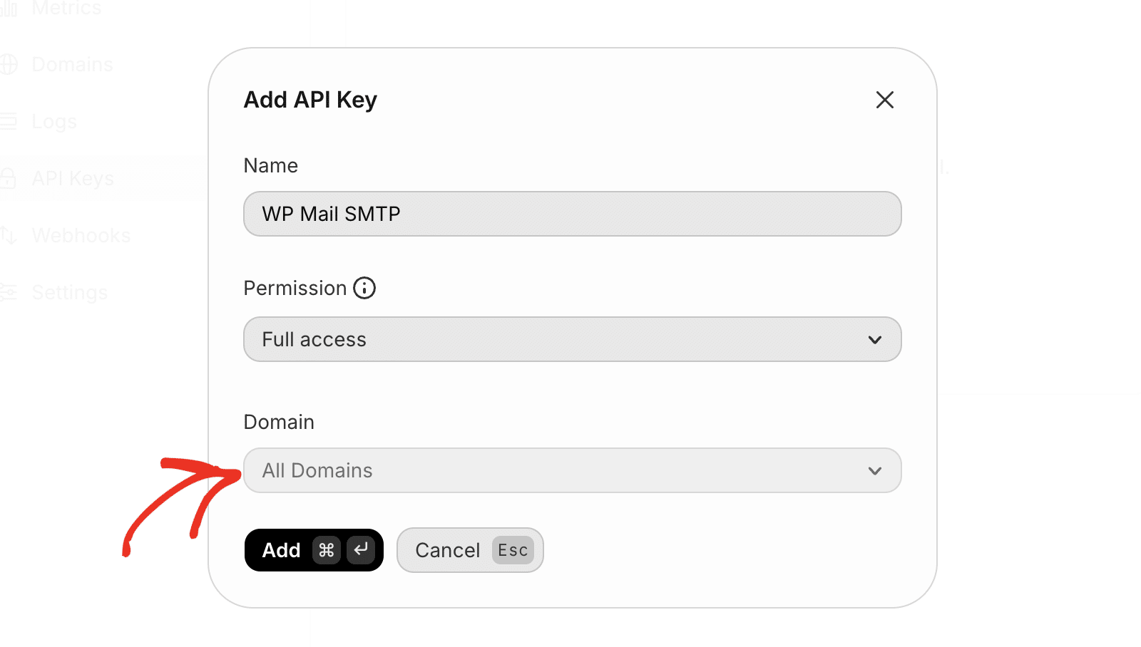 Sélectionner le domaine pour la clé API