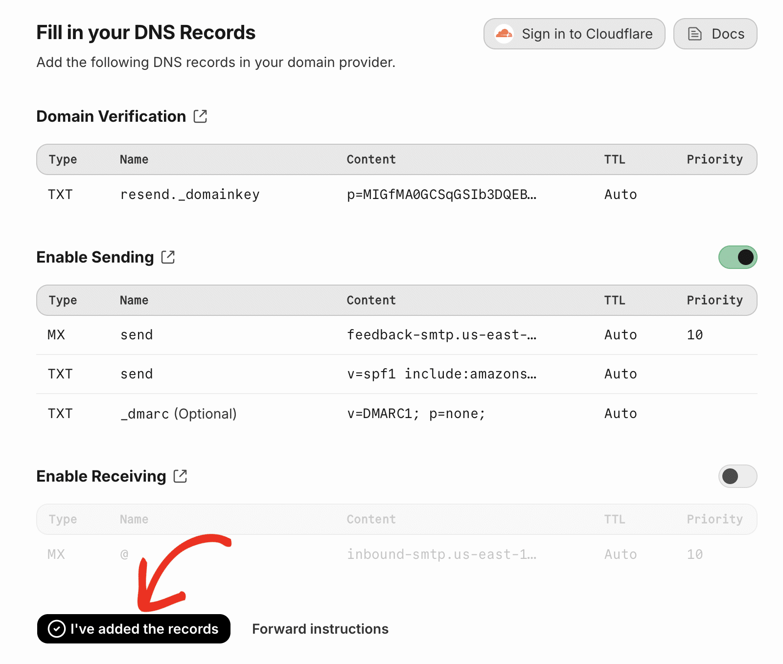 Cliquez sur le bouton J'ai ajouté les enregistrements