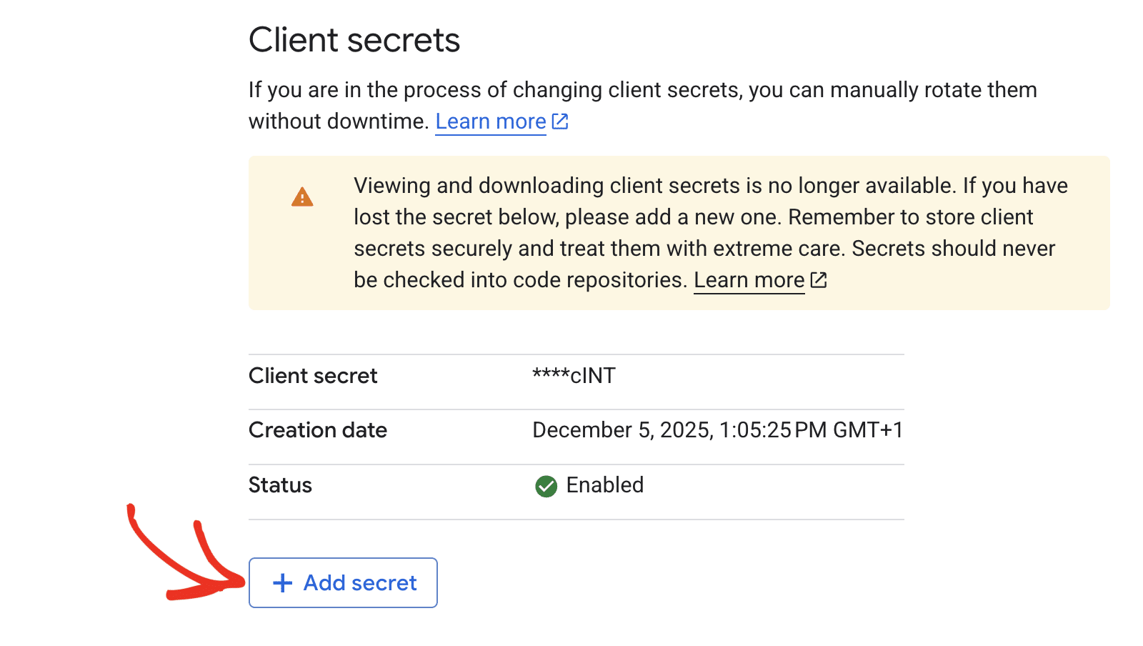 Criar novo segredo do cliente