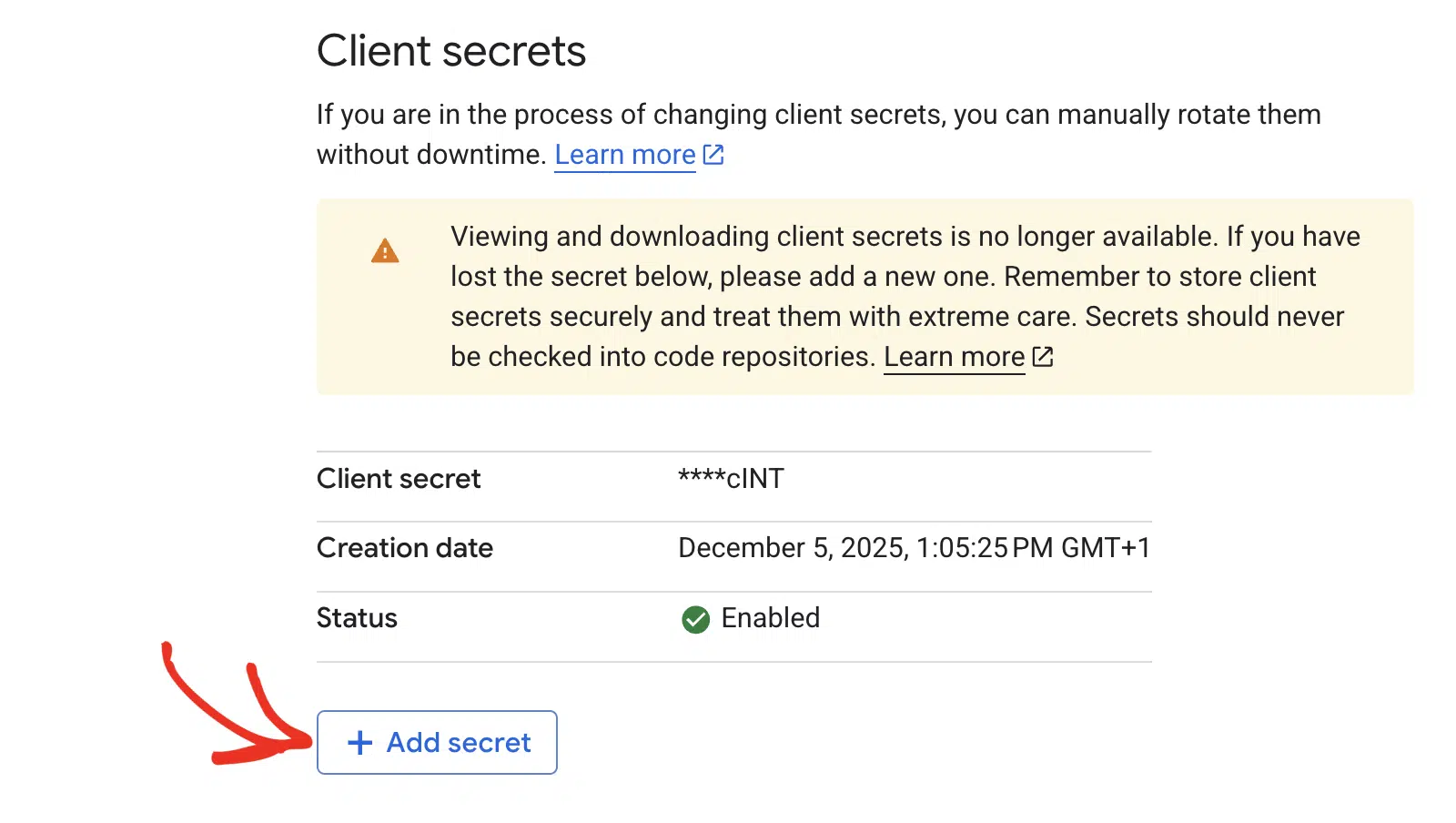 Click Add secret to generate a Client Secret