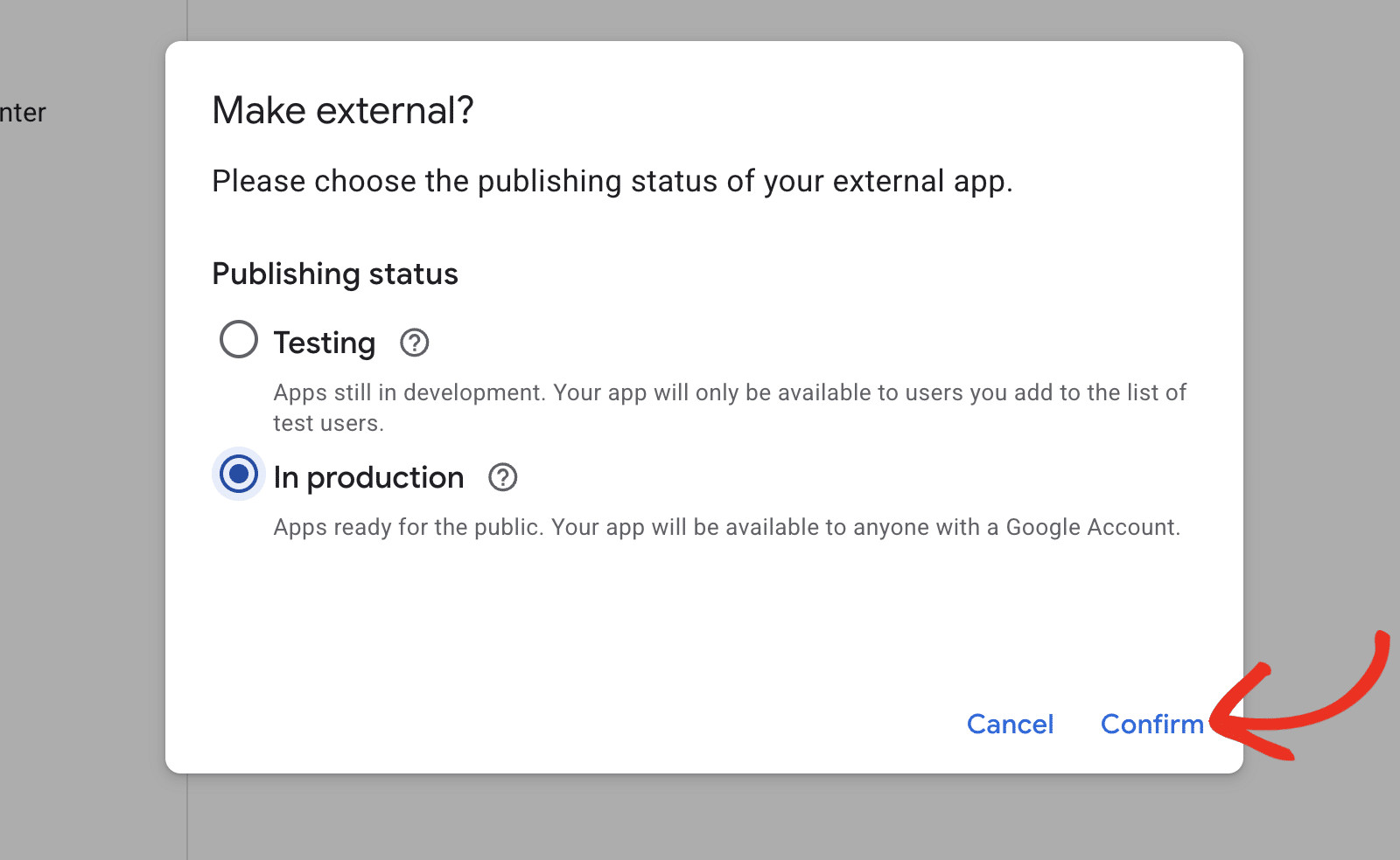 Definir o status de publicação do aplicativo do Google Cloud como Em produção
