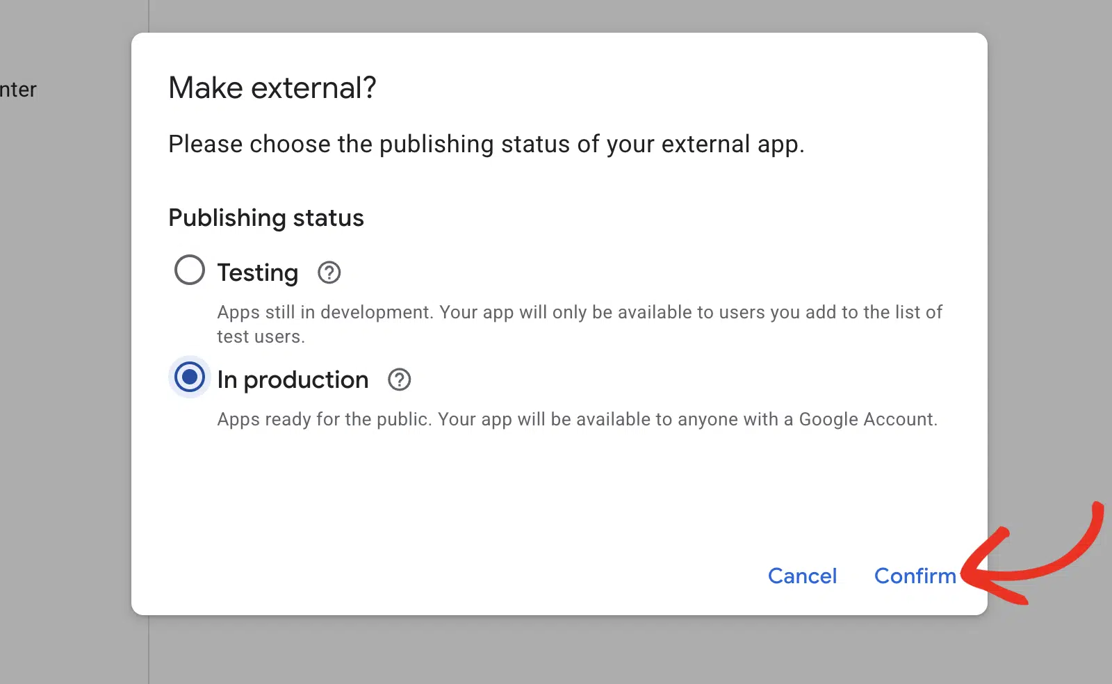 Setting the Google Cloud app publishing status to In production