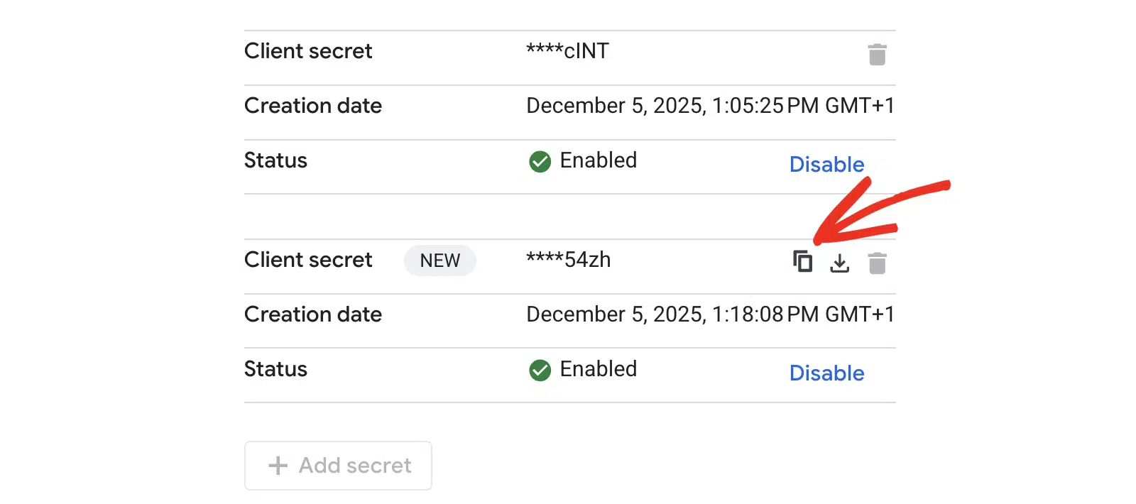 Copy client secret
