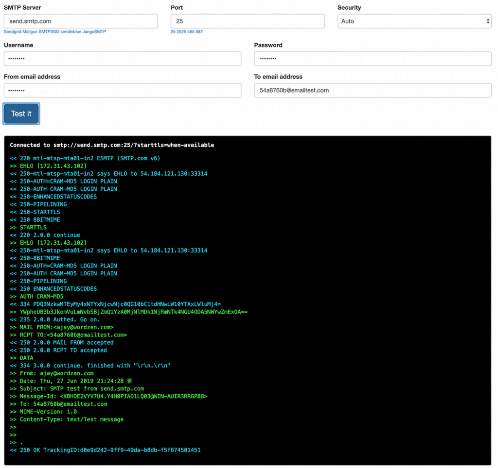 Prueba de SMTP de gmass realizada con éxito