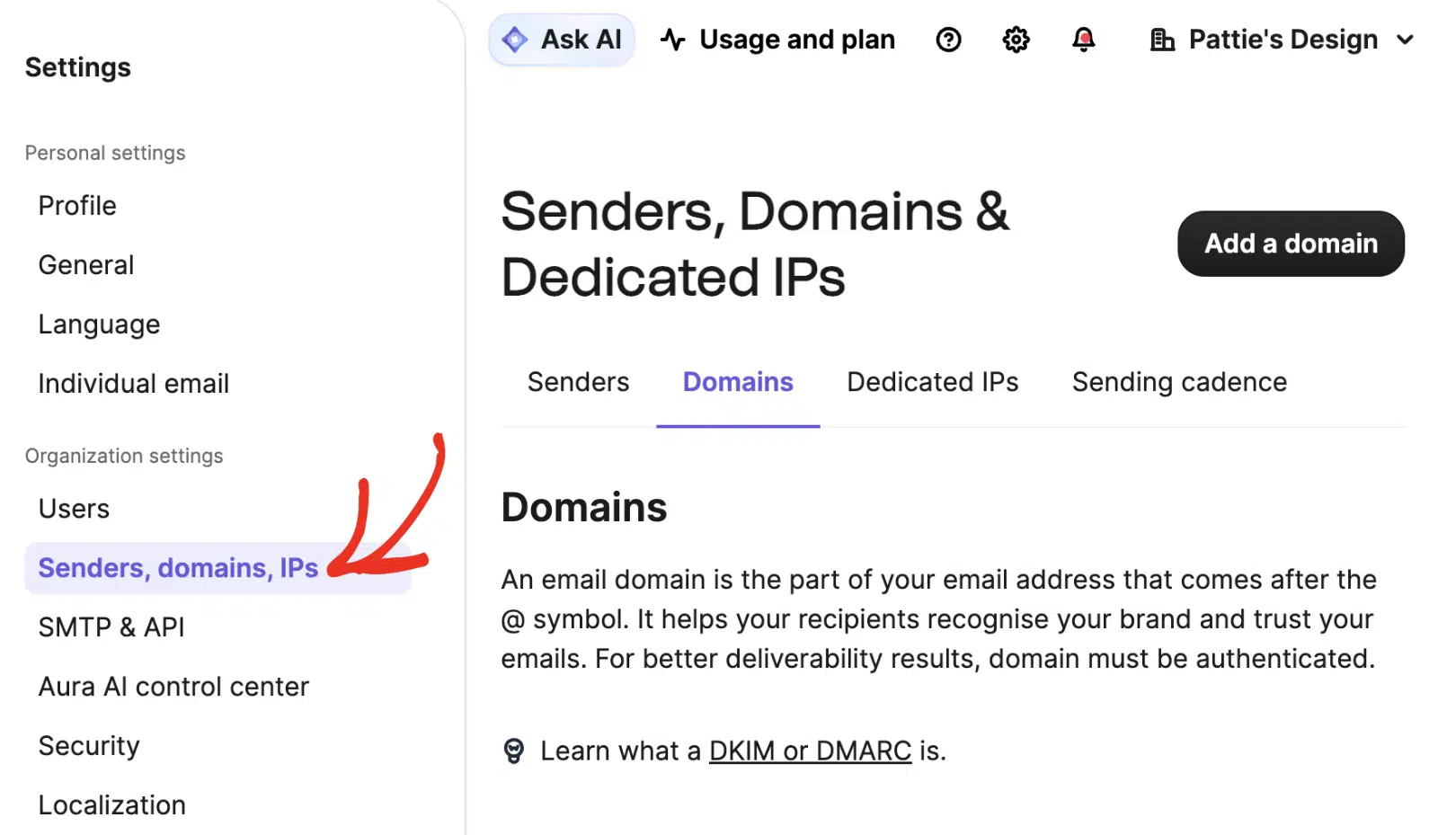 Brevo アカウントで送信者と IP ページを開く