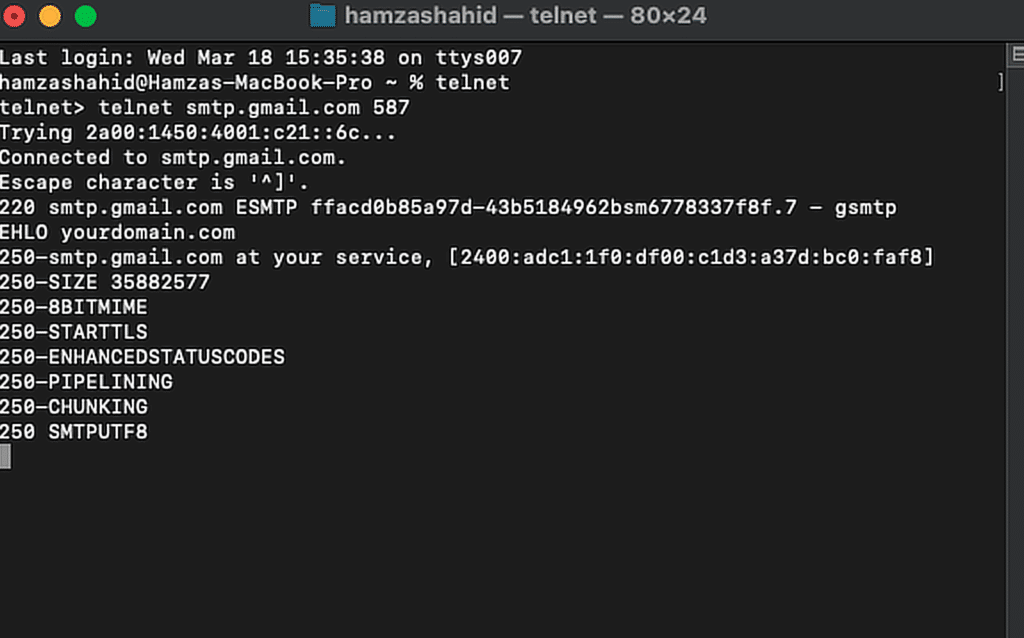 telnet smtp prueba ehlo
