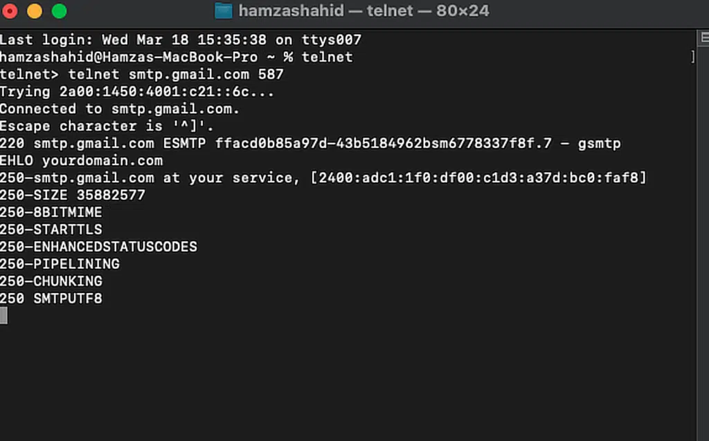 Test SMTP Telnet EHLO