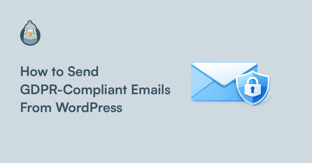Blue envelope with a shield icon on the right side, next to the title 'How to Send GDPR-Compliant Emails From WordPress' on a pale blue background (hero image).