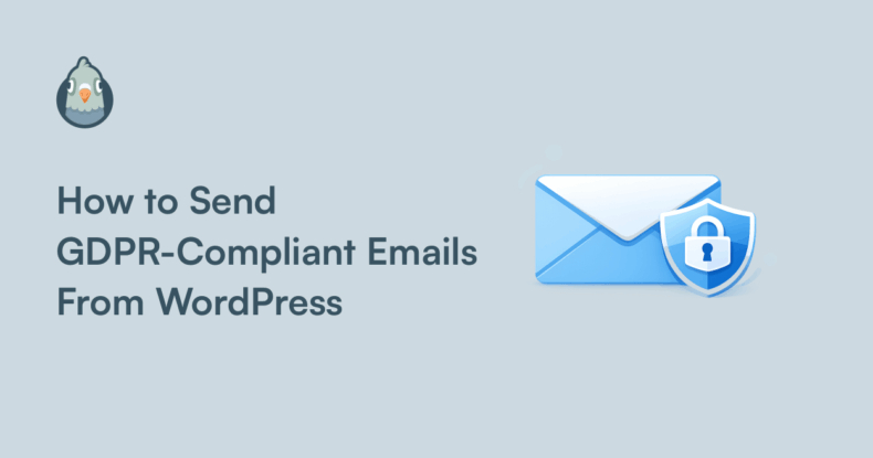 Blue envelope with a shield icon on the right side, next to the title 'How to Send GDPR-Compliant Emails From WordPress' on a pale blue background (hero image).