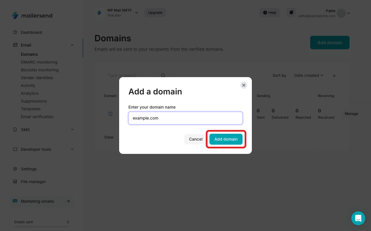 Clique no botão «Adicionar domínio» na janela pop-up para confirmar