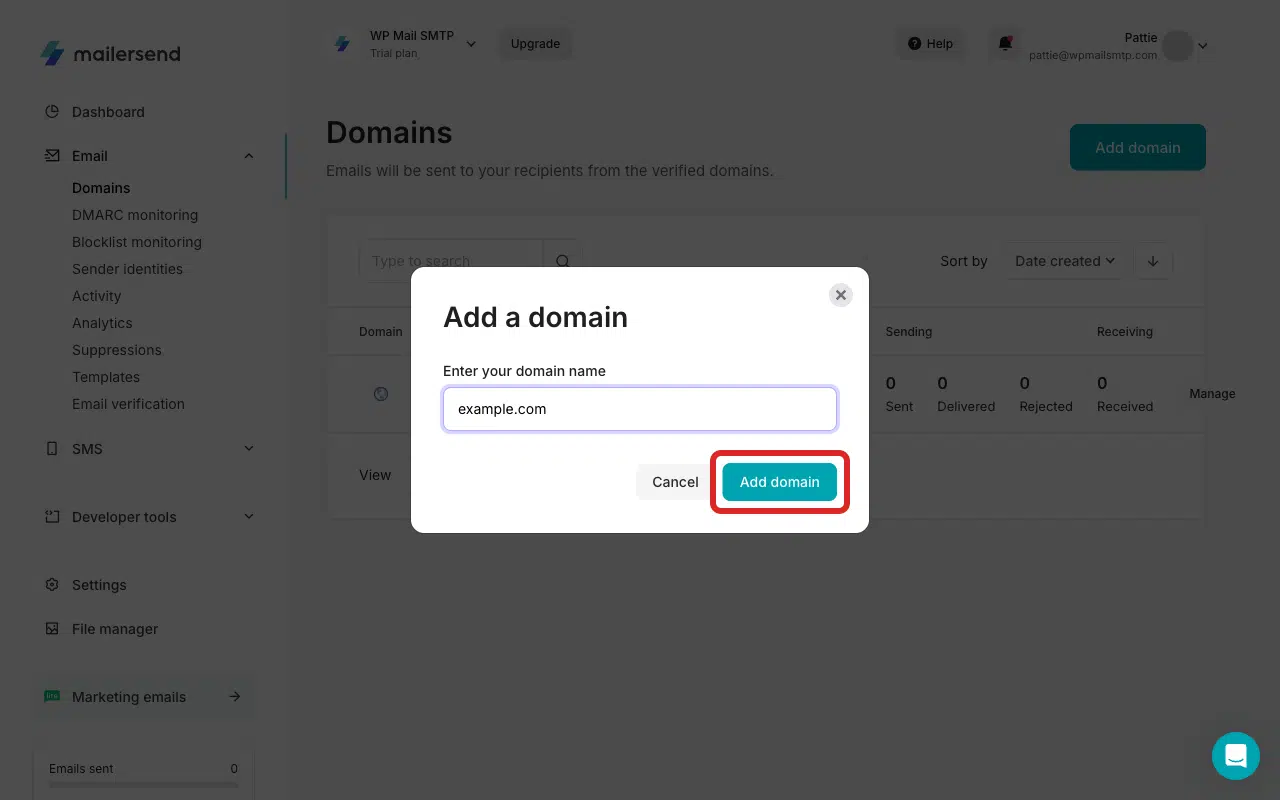 Click Add a domain to submit