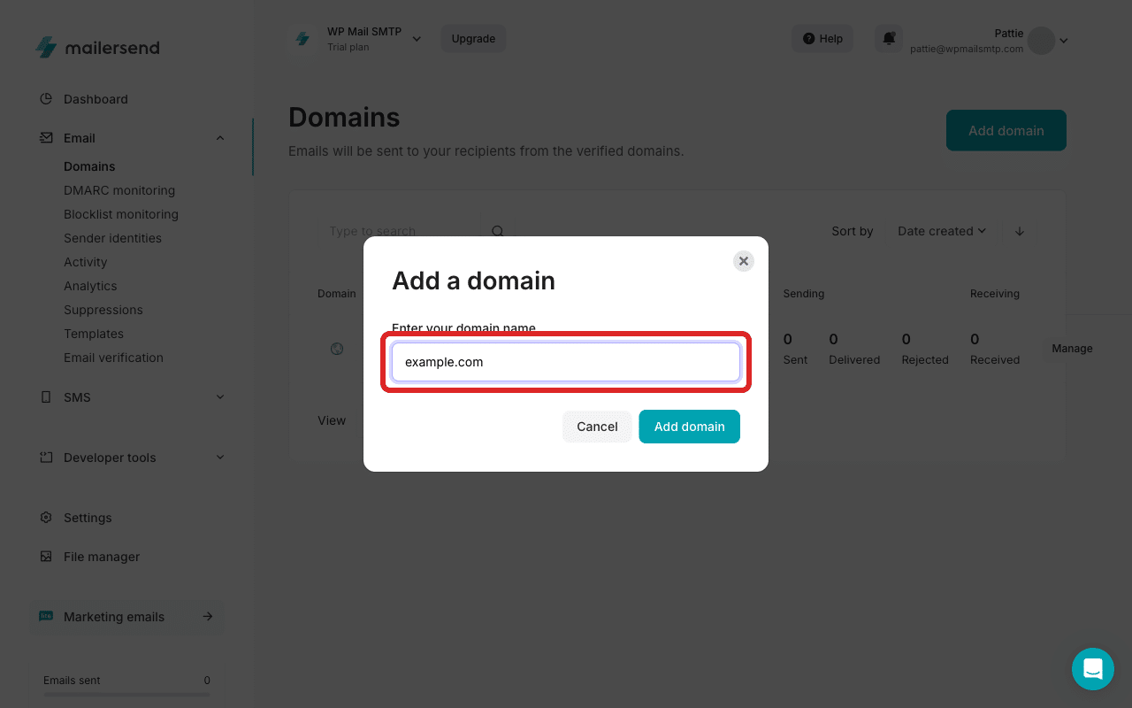 Digite o seu nome de domínio na janela pop-up «Adicionar domínio»