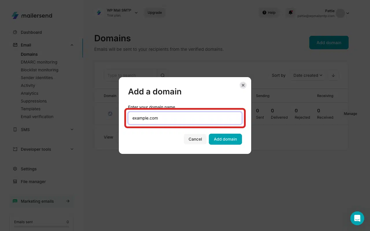 Type your domain name in the Add domain overlay