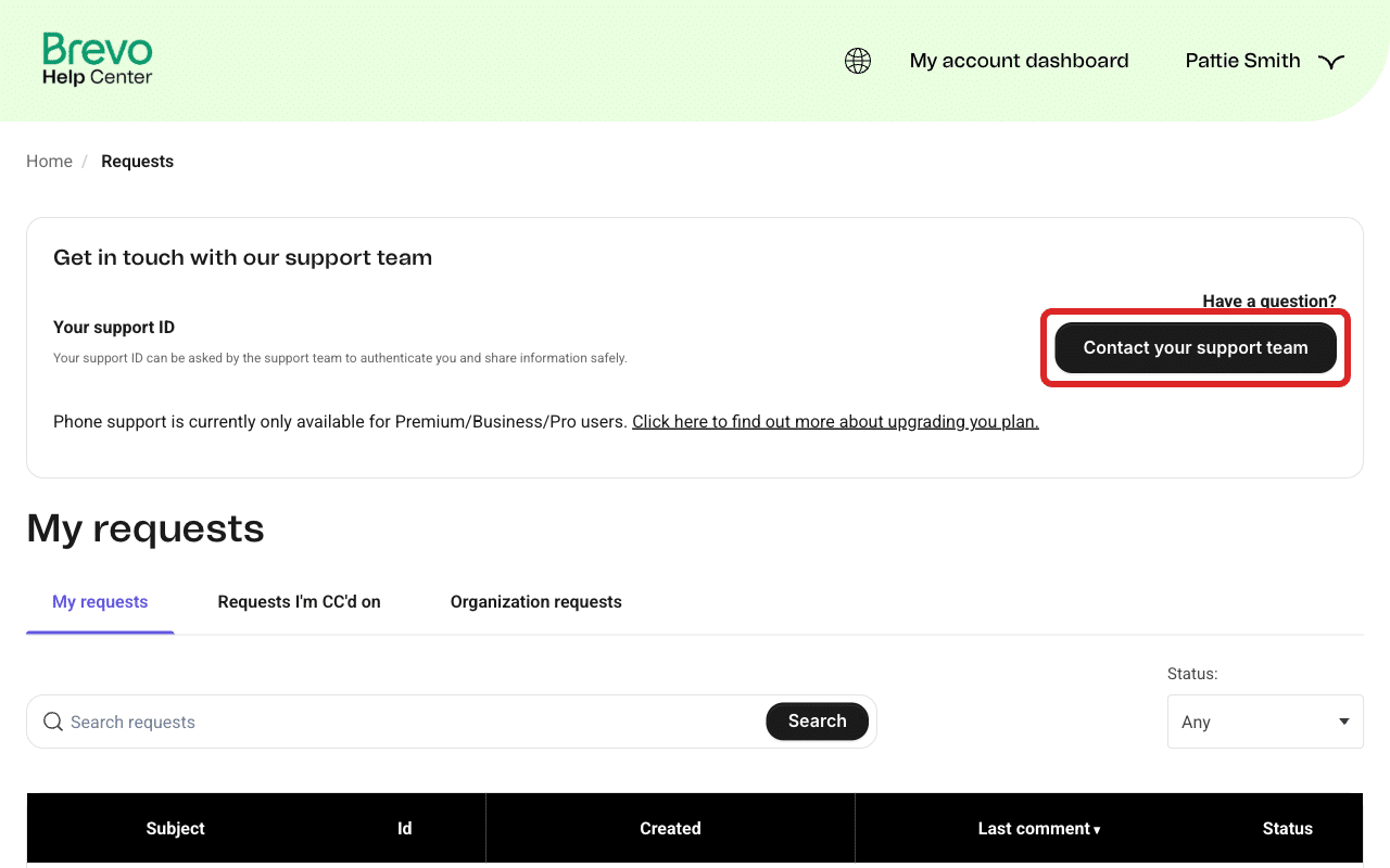 Clique em «Contacte a sua equipa de apoio» no portal de apoio da Brevo