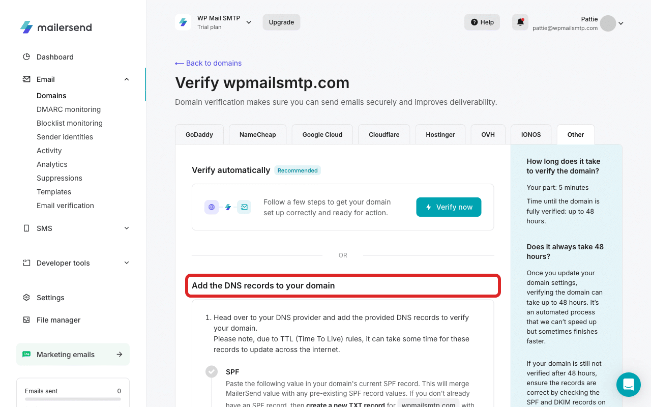 Registos DNS apresentados no MailerSend para verificação manual