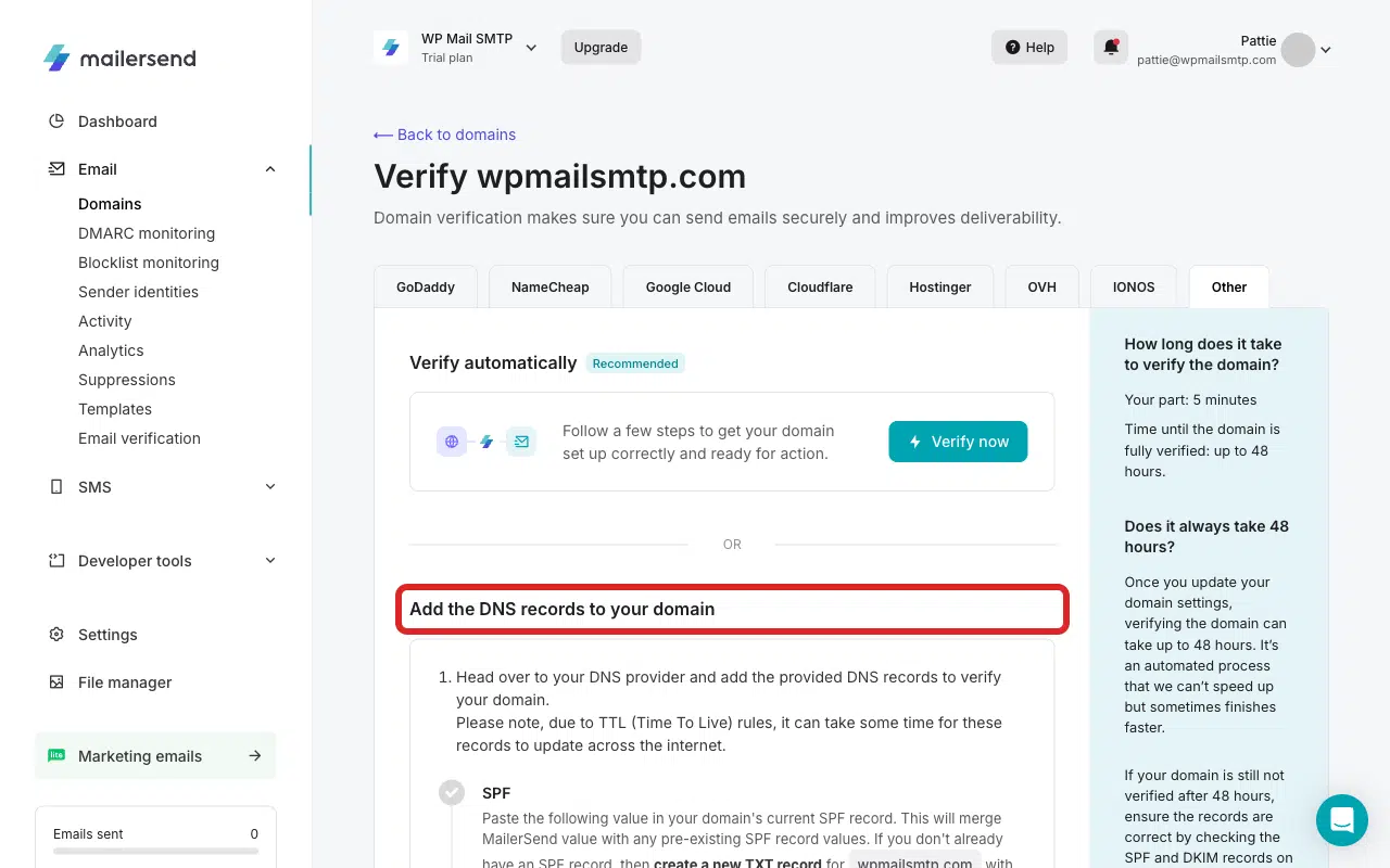 DNS records displayed in MailerSend for manual verification
