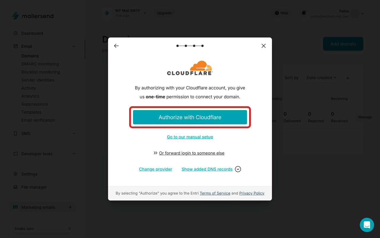 Botão «Autorizar com a Cloudflare» para verificação do domínio com um clique