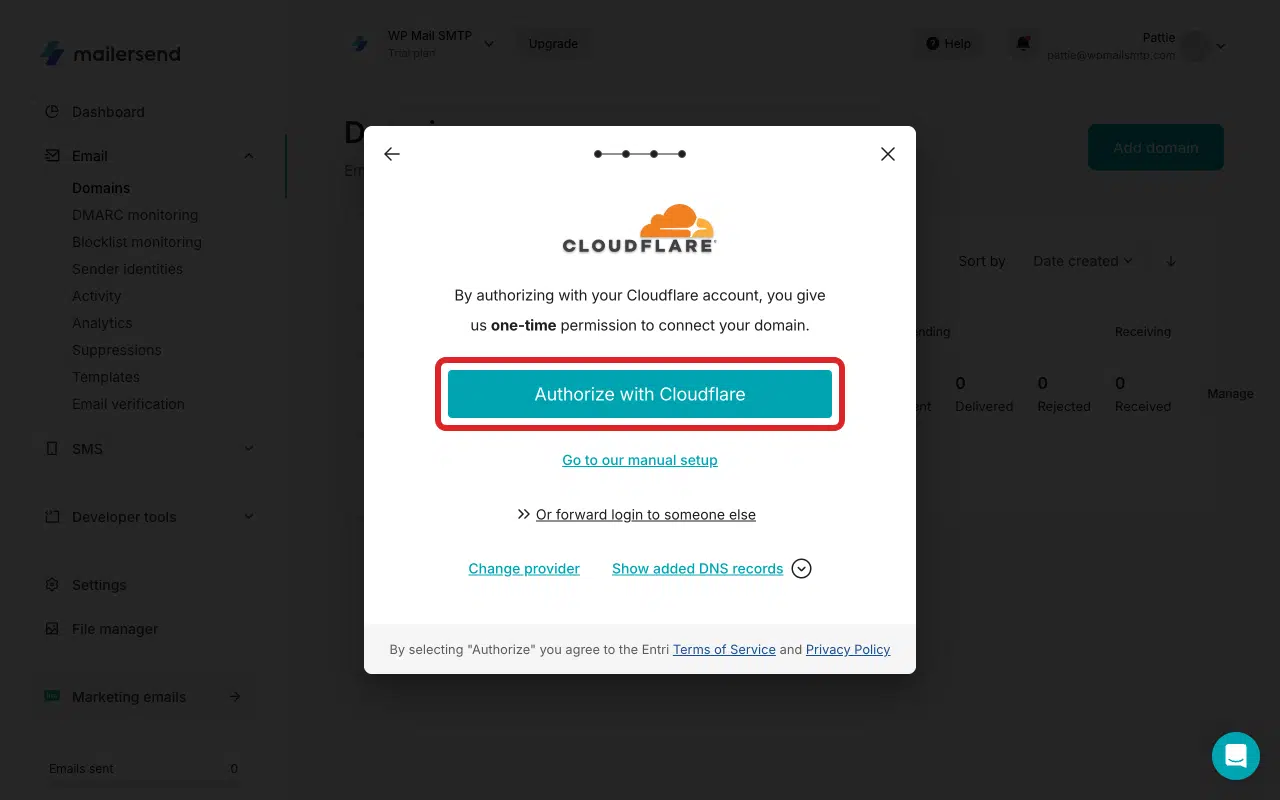 Authorize with Cloudflare button for one-click domain verification