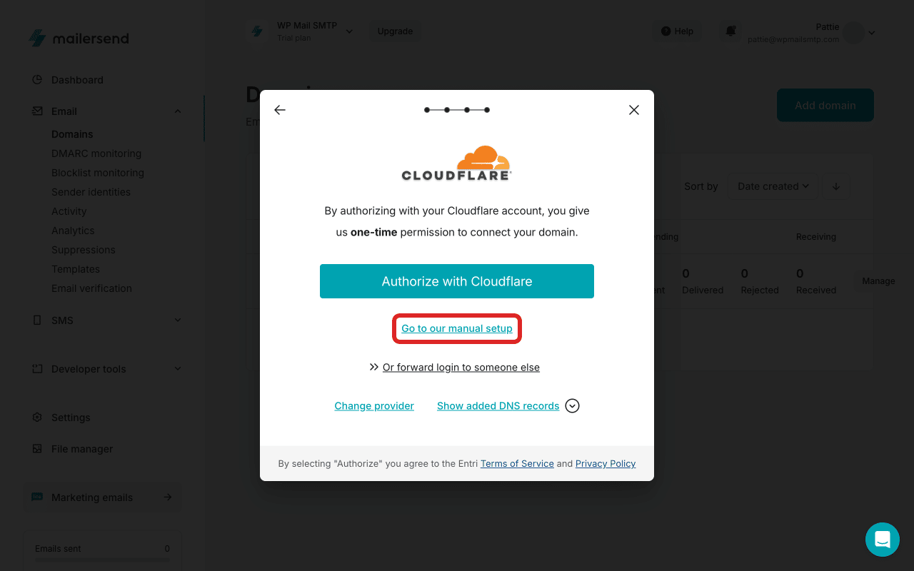Aceda ao link de configuração manual para introduzir os registos DNS manualmente