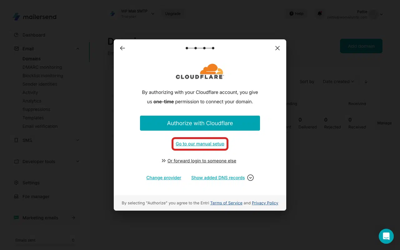 Go to manual setup link for entering DNS records manually