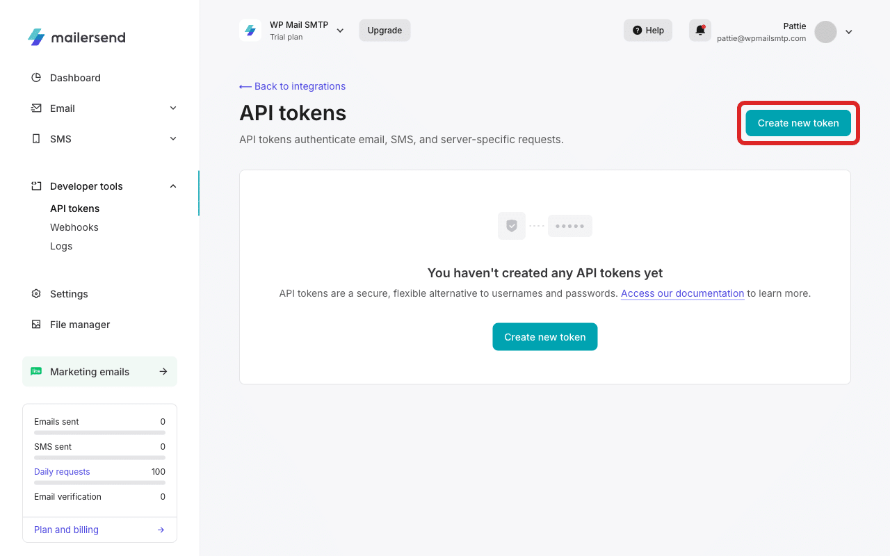 Página de tokens da API nas ferramentas para programadores do MailerSend