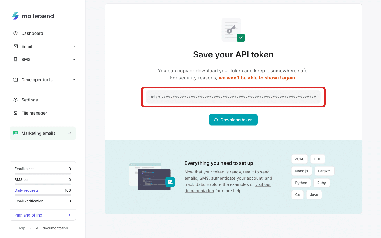 Copie o token da API — ele só é apresentado uma vez
