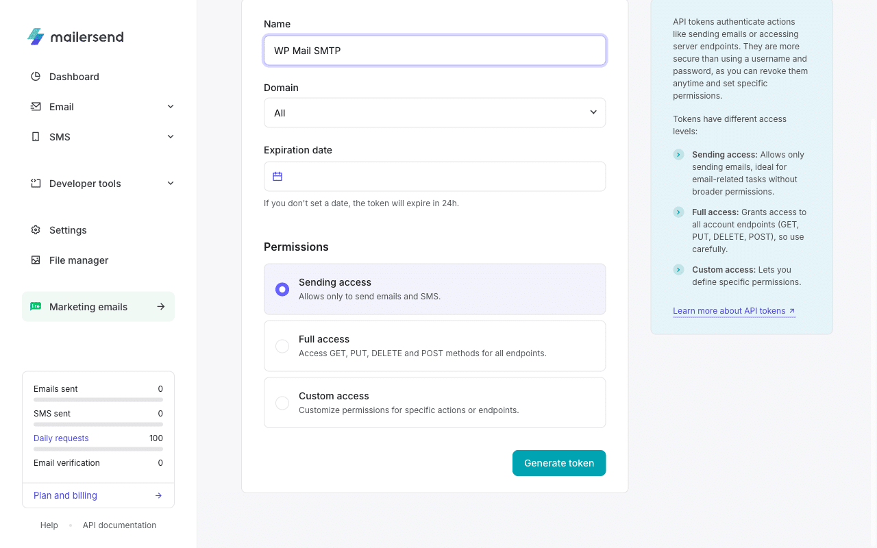 Botão «Gerar token» no MailerSend