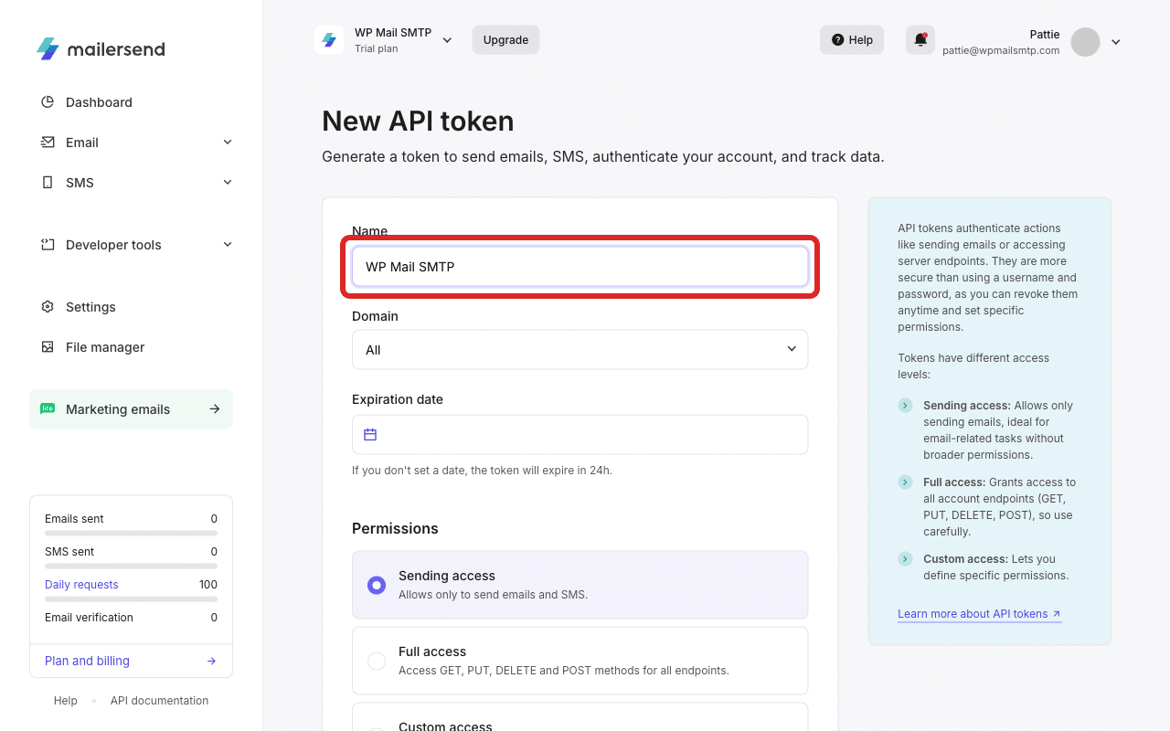 Formulário de criação de tokens que apresenta as definições de nome, domínio e validade
