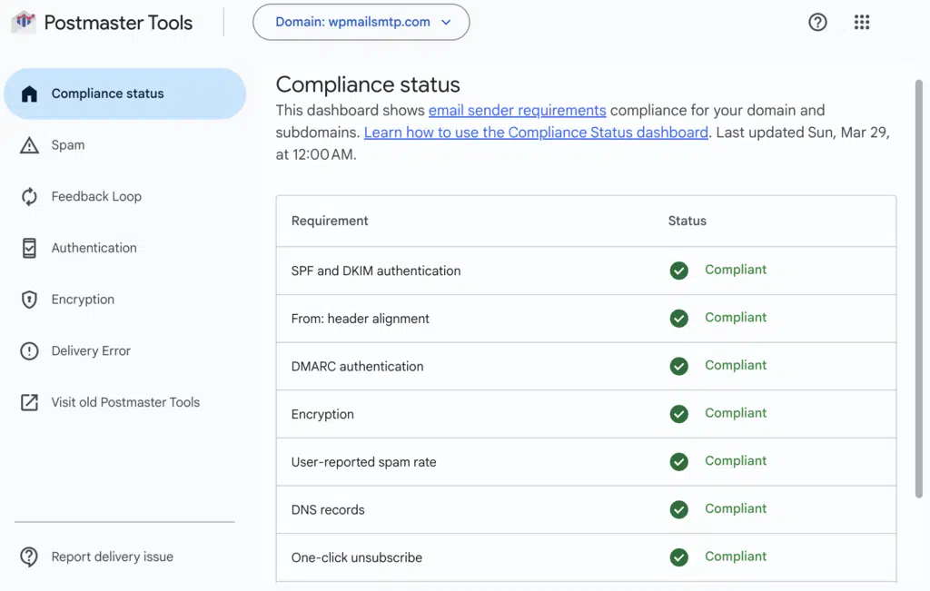 postmaster tools compliance dashboard