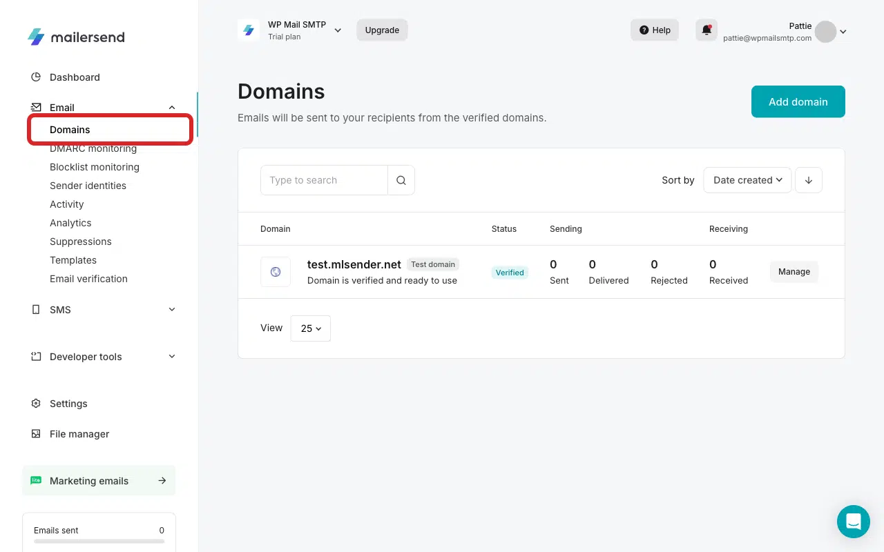 Click Domains in the sidebar under Email