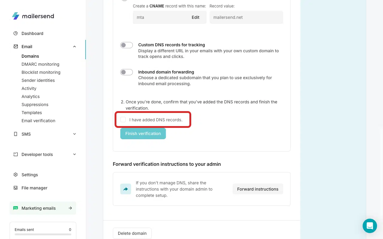 I have added DNS records checkbox in MailerSend verification