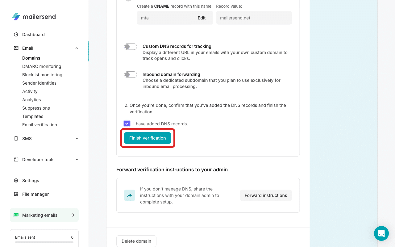 Botão «Concluir verificação» no MailerSend