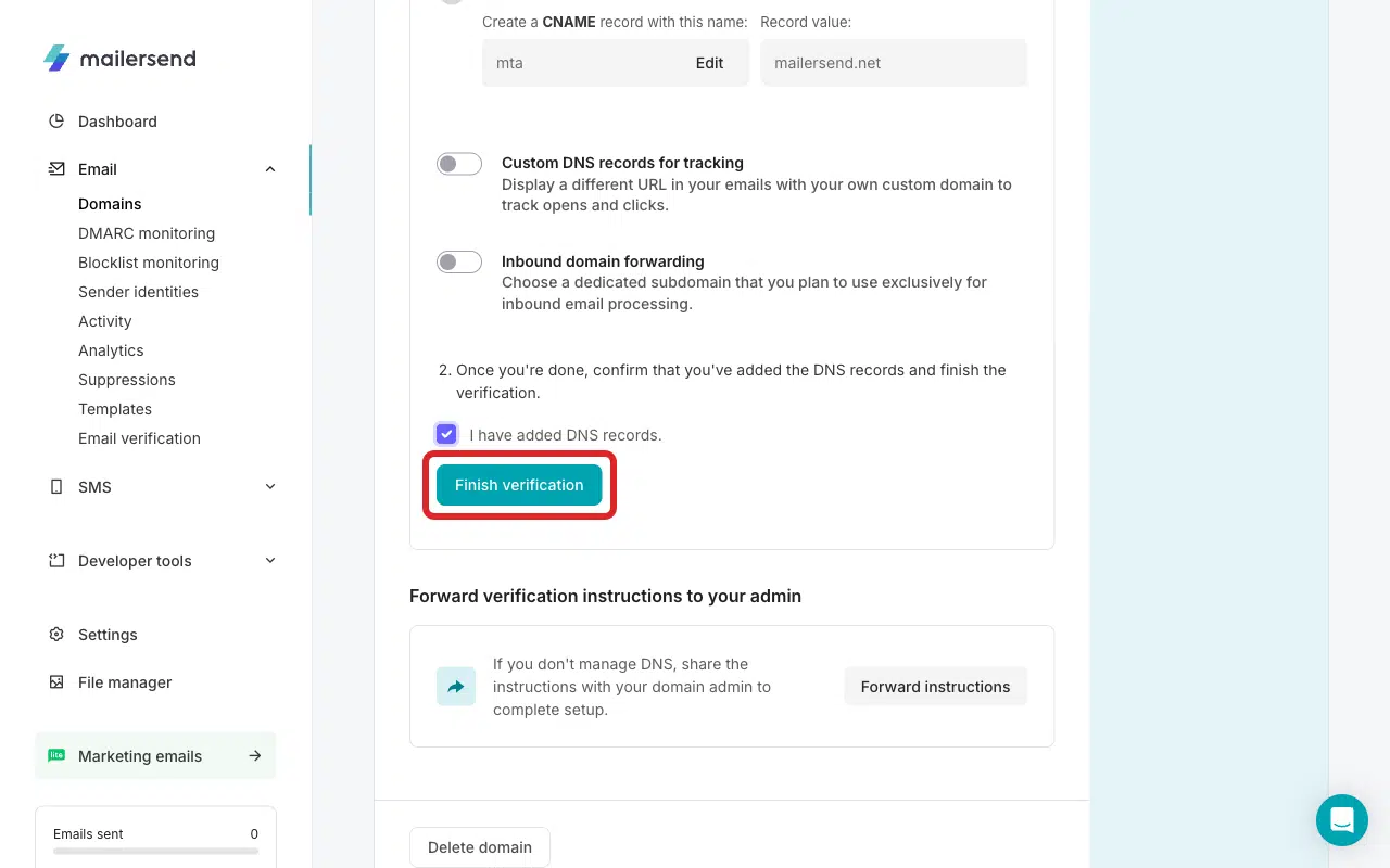 Finish verification button in MailerSend