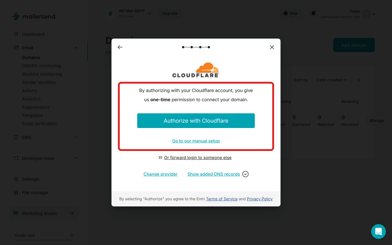 O MailerSend apresenta opções de verificação com um clique e manual