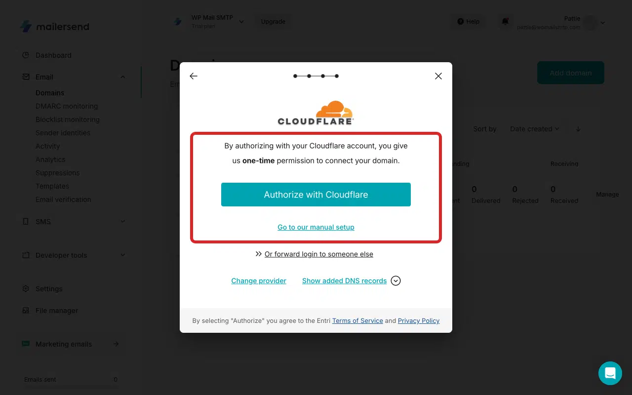 MailerSend showing one-click and manual verification options