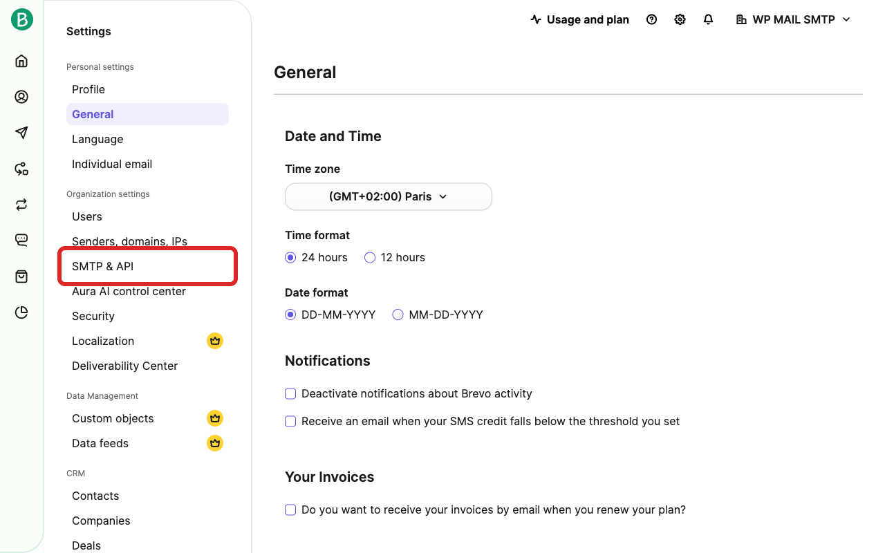 Opção SMTP e API na barra lateral de configurações do Brevo