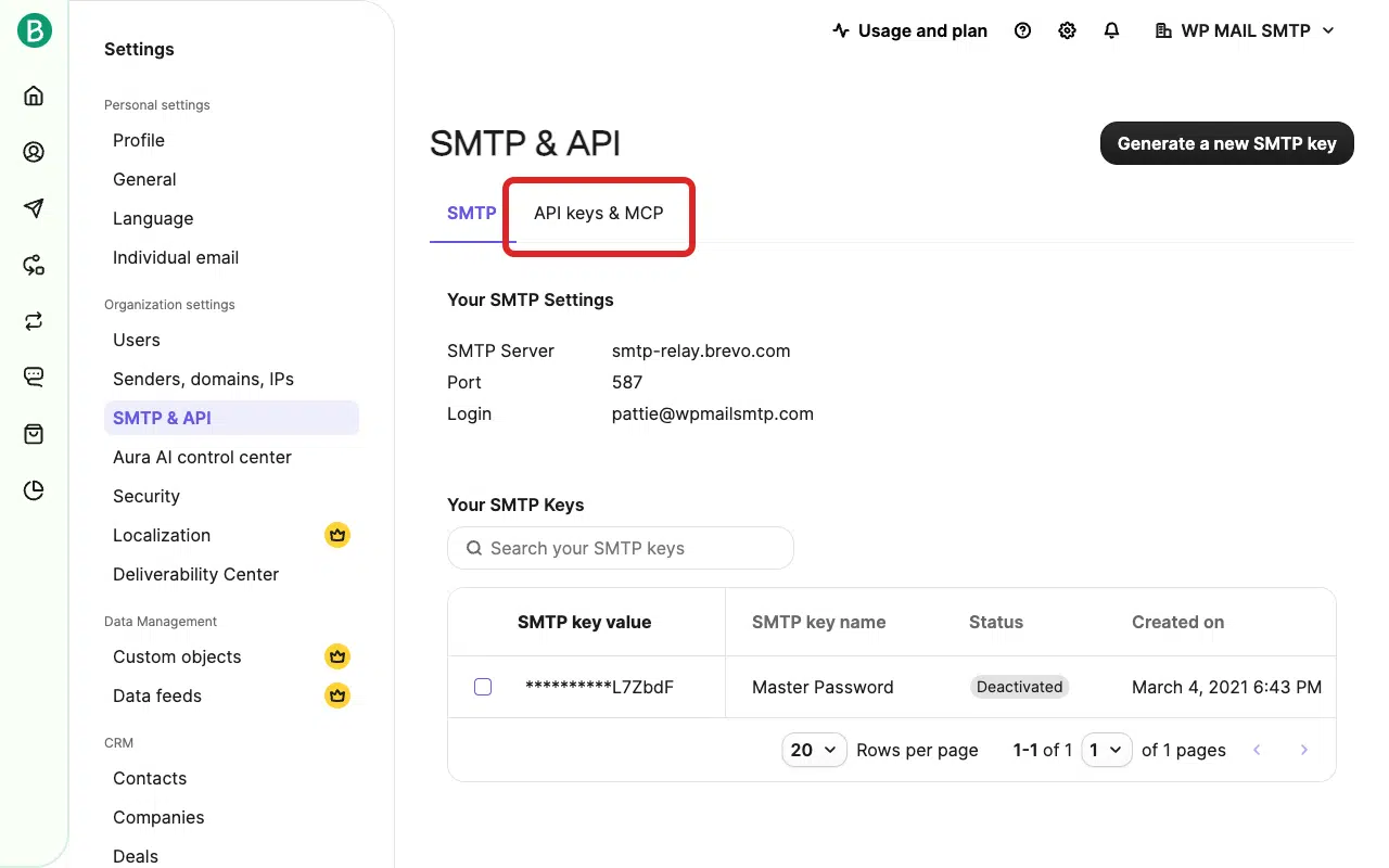 API keys & MCP tab on the SMTP & API page