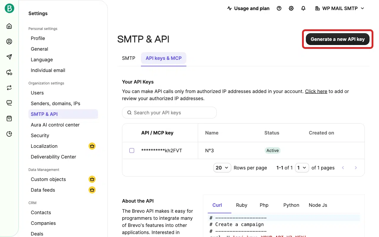 Generate a new API key button