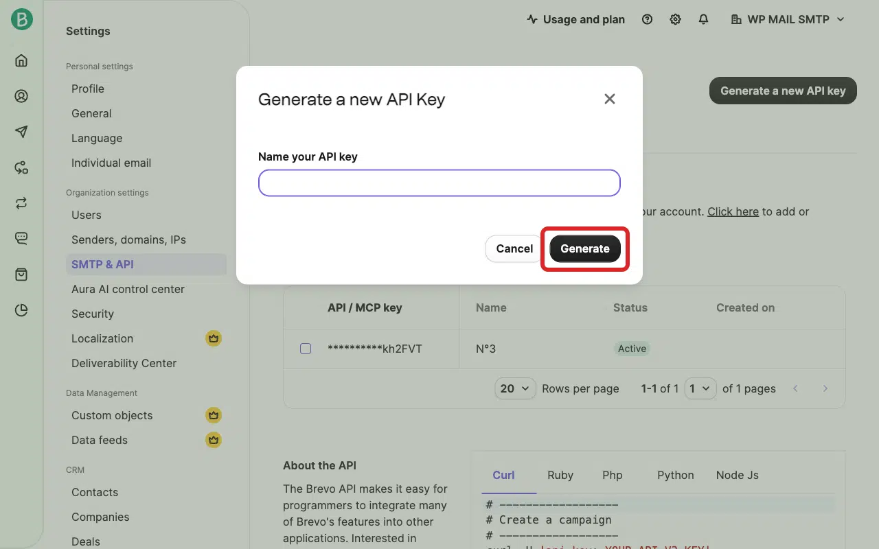 Click Generate in the API key modal