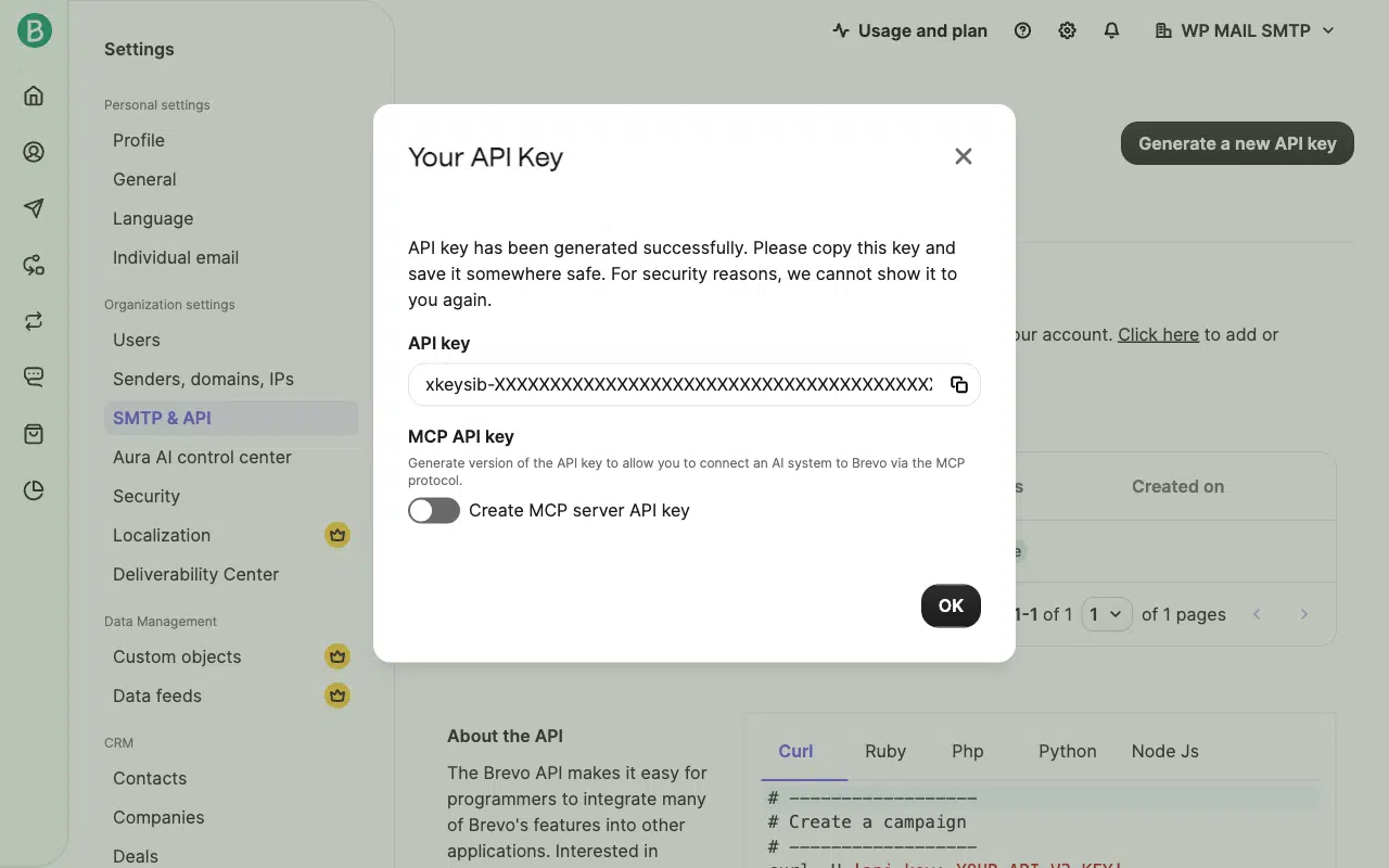 Copy the API key from the modal